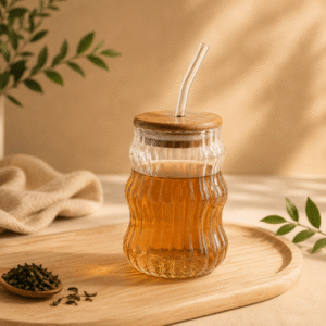 Vaso de Vidrio con Tapa de Bamboo y Sorbete de 500ml